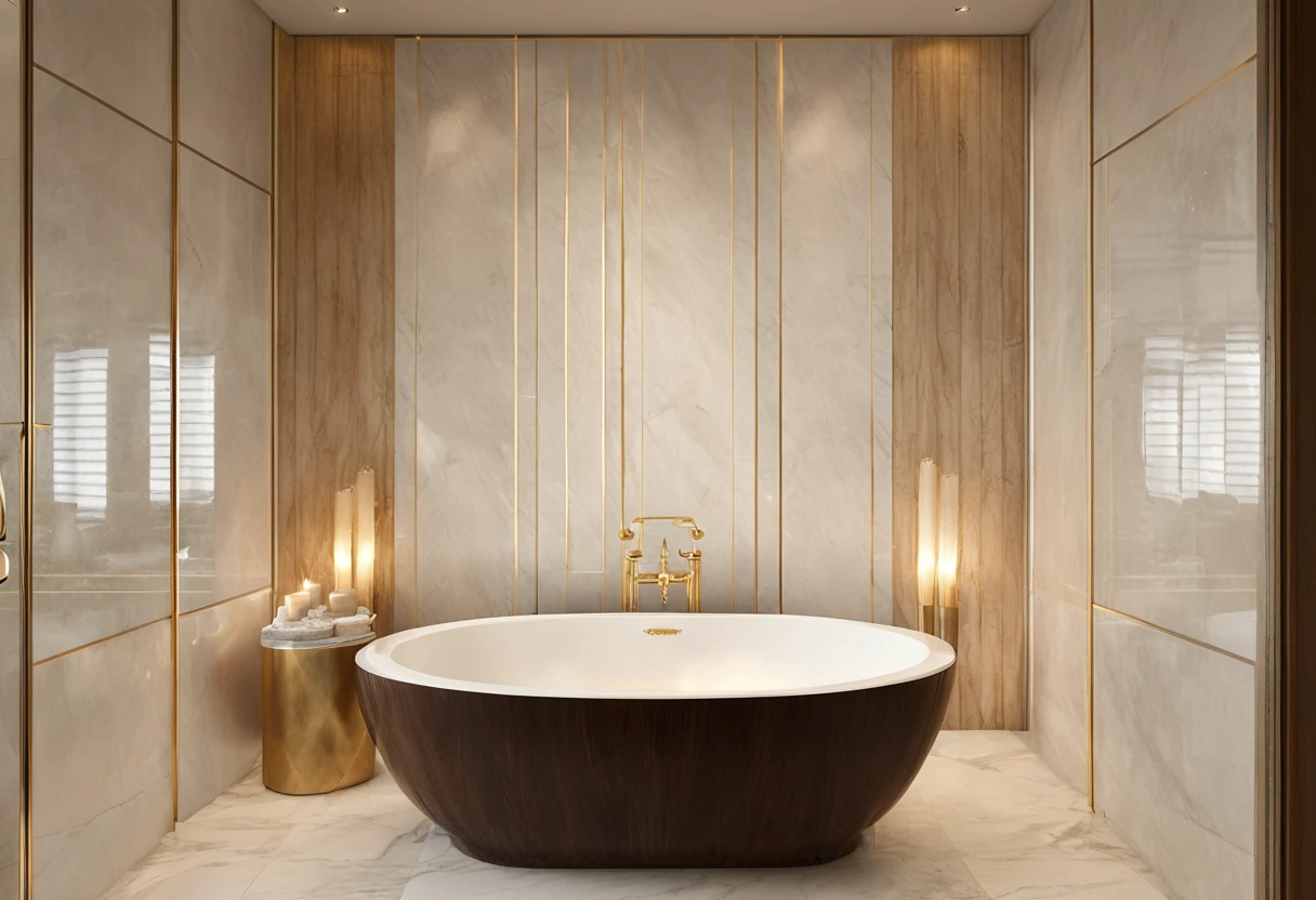 Spa-grade master bathroom with freestanding stone bath, bookmatched marble, warm layered light and a glass steam room door