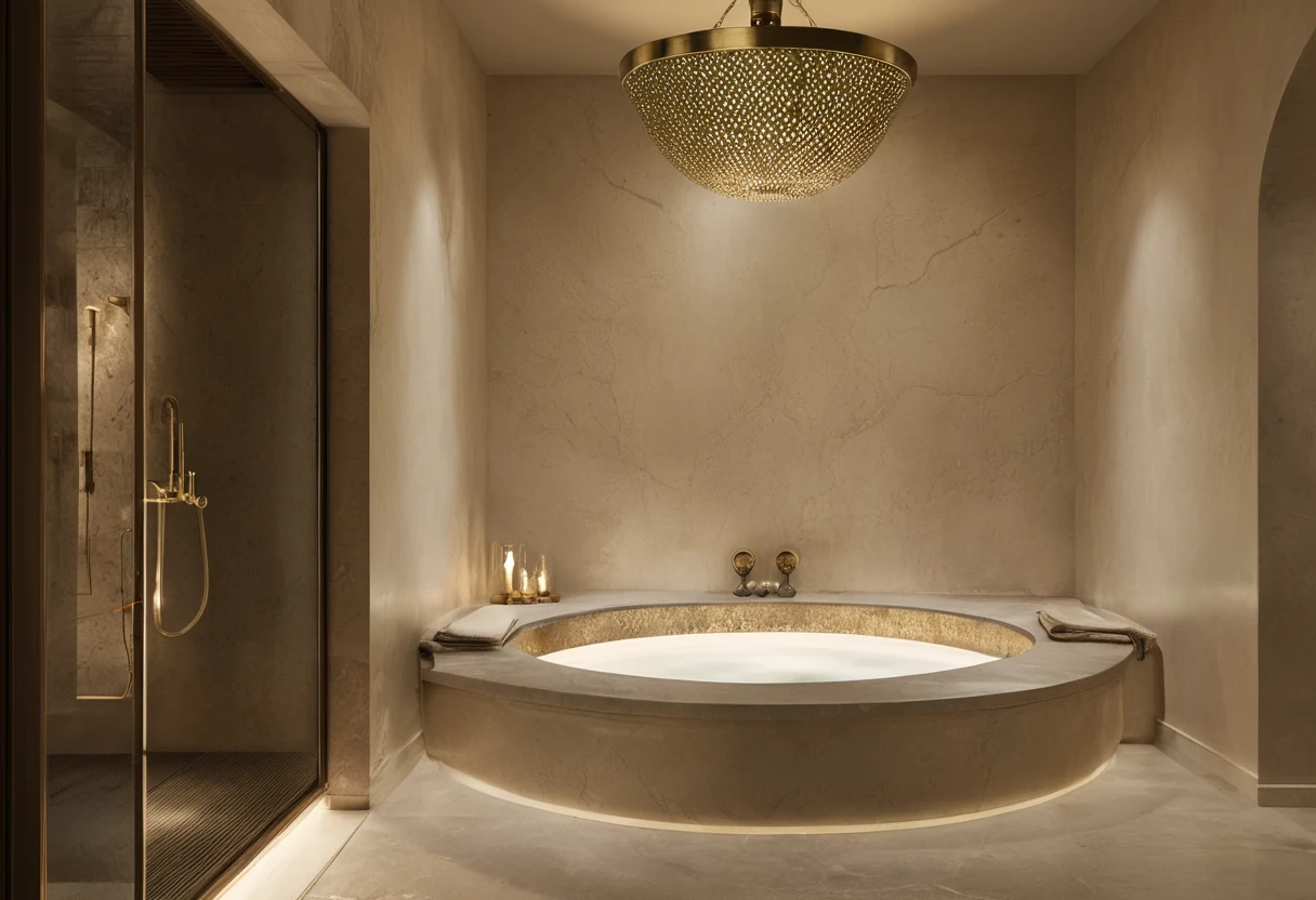 Private marble hammam with heated stone bench, arched ceiling and soft steam in warm low light