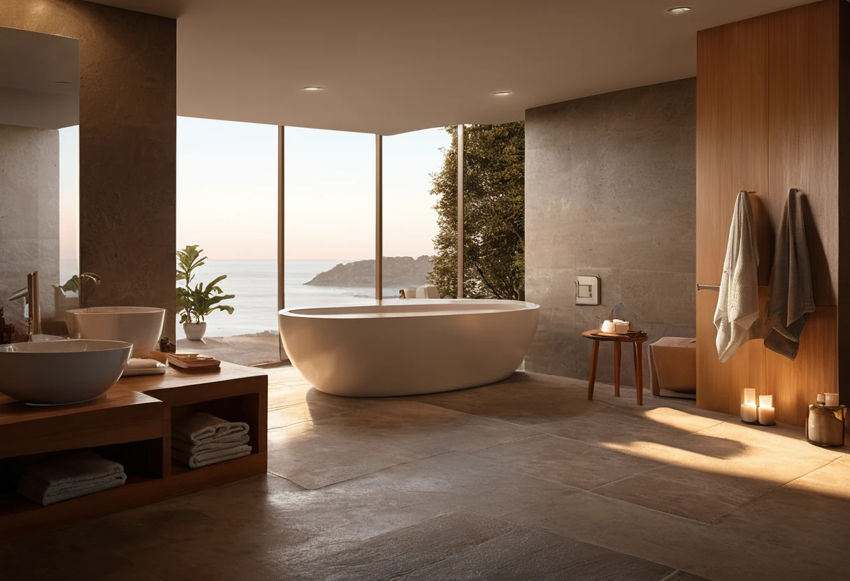 Bathroom at dawn scene lighting with warm low light over a stone bath, teak details and heavy towels